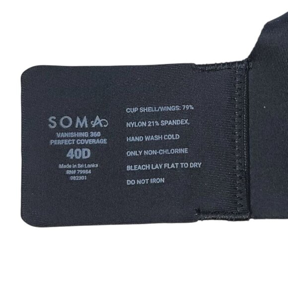 Soma Perfect Coverage Bra Black 40D Underwire Seamless Light Pad Vanishing 360 - Picture 9 of 9